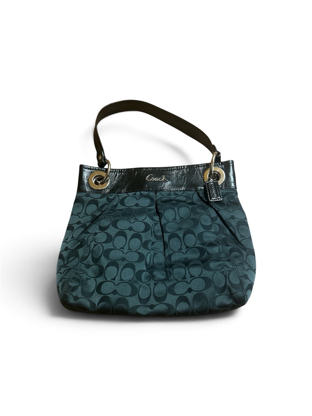 Coach Teal Signature Jacquard Shoulder Bag with Leather Trim